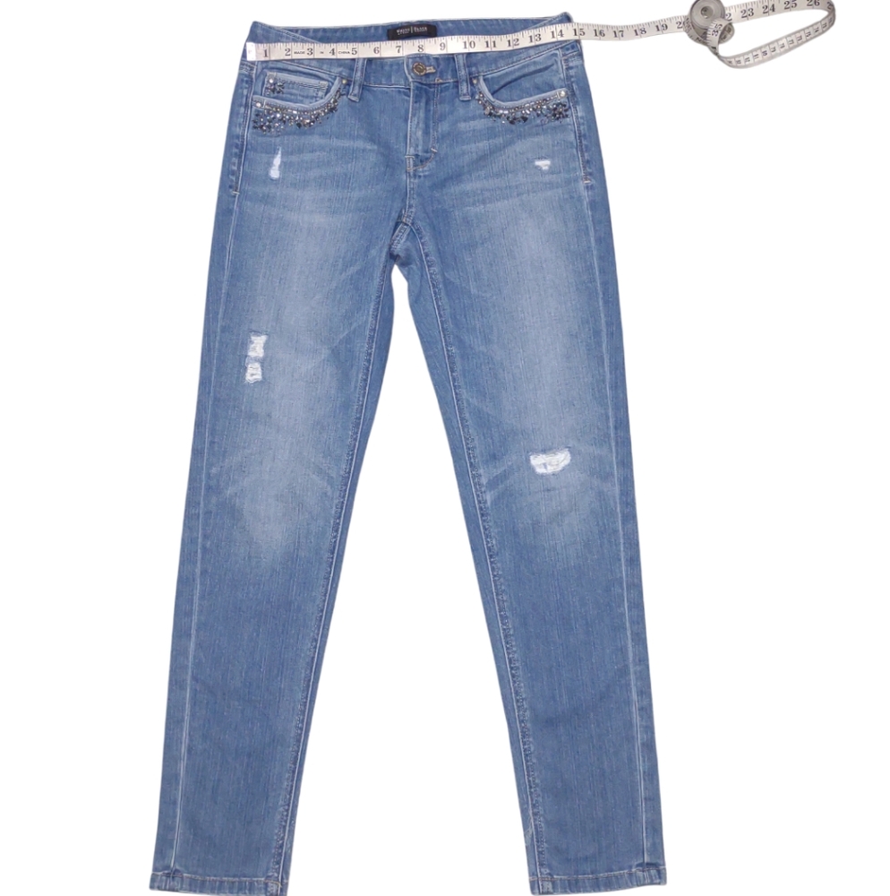 WHBM Low Rise Girlfriend Jeans Blue Jeweled Pockets Size 0R - Picture 8 of 12